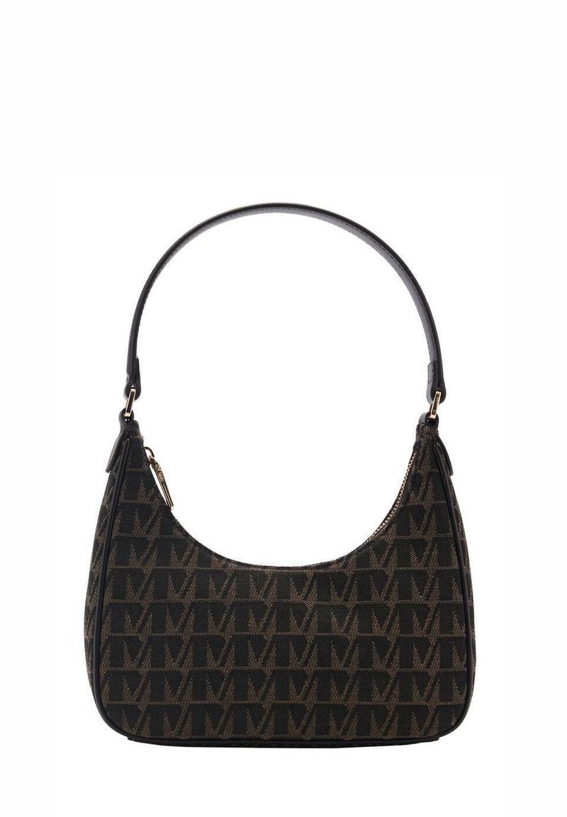 Petit sac à main hobo noir et marron avec un motif de lettres répétées et une bandoulière unique incurvée avec des accents métalliques dorés.