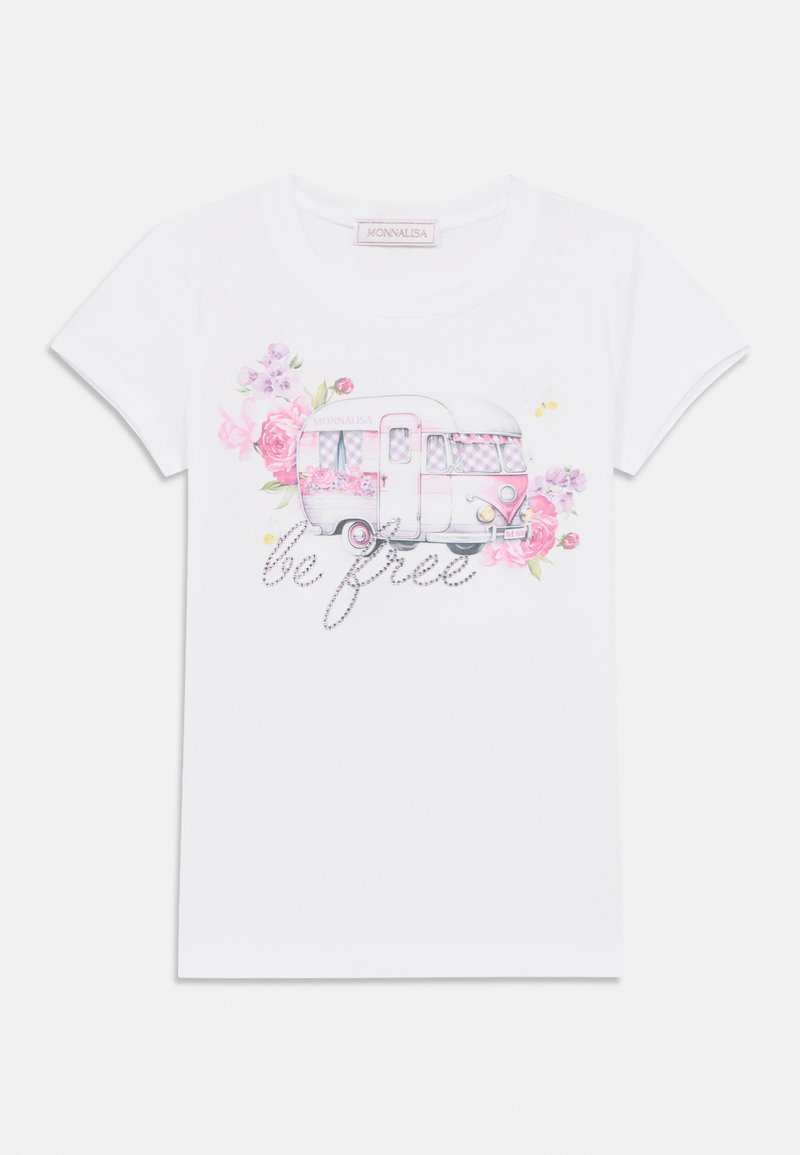 Λευκό βαμβακερό T-shirt με γραφική απεικόνιση ενός ροζ τροχόσπιτου περιτριγυρισμένου από λουλουδένιες λεπτομέρειες και το κείμενο «be free» με στρας.