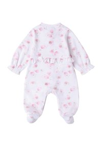 Un body pour bébé léger et blanc orné d'un imprimé floral rose doux. Présente des volants à la taille et des poignets élastiqués pour un ajustement confortable.