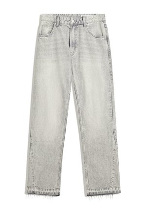 Lichtgrijze denim jeans met een licht vervaagde afwerking, rechte snit, vijf-pocketontwerp en rafelige zoom. Platte tailleband met riemlussen.