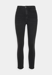 Jeans noirs taille haute en denim, dotés d'une fermeture à bouton et d'un design slim avec un délavage minimal et sans motifs visibles.