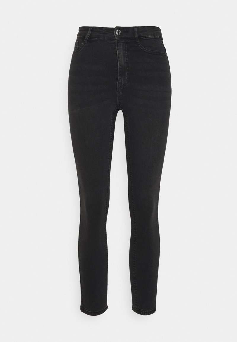 Jeans noirs taille haute en denim, dotés d'une fermeture à bouton et d'un design slim avec un délavage minimal et sans motifs visibles.