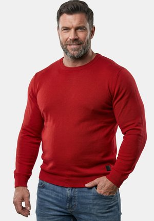 Mand med kort mørkt hår og skæg iført en rød langærmet sweater og blå jeans, står med den ene hånd i lommen og smiler.