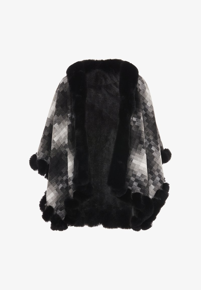 Faux fur kappe i sort og grå med et diamantmønster, der har en lækker sort krave og pom-pom detaljer langs kanten.