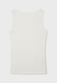 White sleeveless tank top with a round neckline, smooth fabric, and a straight hem, shown from the back.