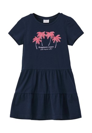 Marineblå kjole med korte ærmer og lagdelt nederdel, med print af en lyserød palme og teksten "Glæde kommer med tropiske vibes!" på brystet.
