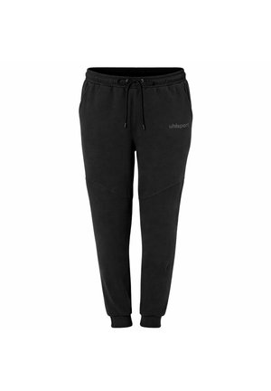 Schwarze lässige Jogginghose mit elastischem Bund, Kordelzug, Seitentaschen, Bündchen an den Knöcheln und kleinem "uhlsport"-Logo am rechten Oberschenkel.