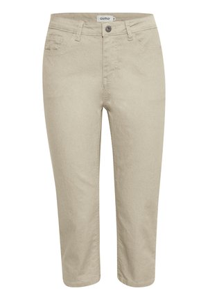 Pantalons cropped beiges avec un design classique à cinq poches, fermeture à bouton en métal, et coutures décoratives sur les poches avant et arrière.