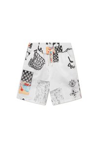 White swim shorts with a mixed print design featuring checkered patterns, fruit bowls, and abstract illustrations. Elastic waistband with a drawstring.