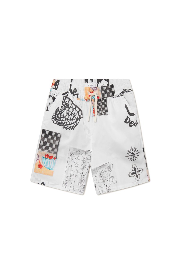 White swim shorts with a mixed print design featuring checkered patterns, fruit bowls, and abstract illustrations. Elastic waistband with a drawstring.