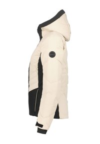 Geplüschte Jacke mit einem cremefarbenen Körper, schwarzen Seitenpanelen und einer Kapuze. Sie hat ein gestepptes Muster und ein Logo-Patch am oberen Arm.