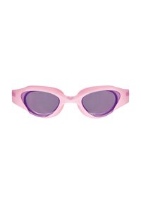 Gafas de natación rosas con un diseño elegante, lentes tintados en púrpura, montura flexible y laterales texturizados para mejorar el agarre durante su uso.