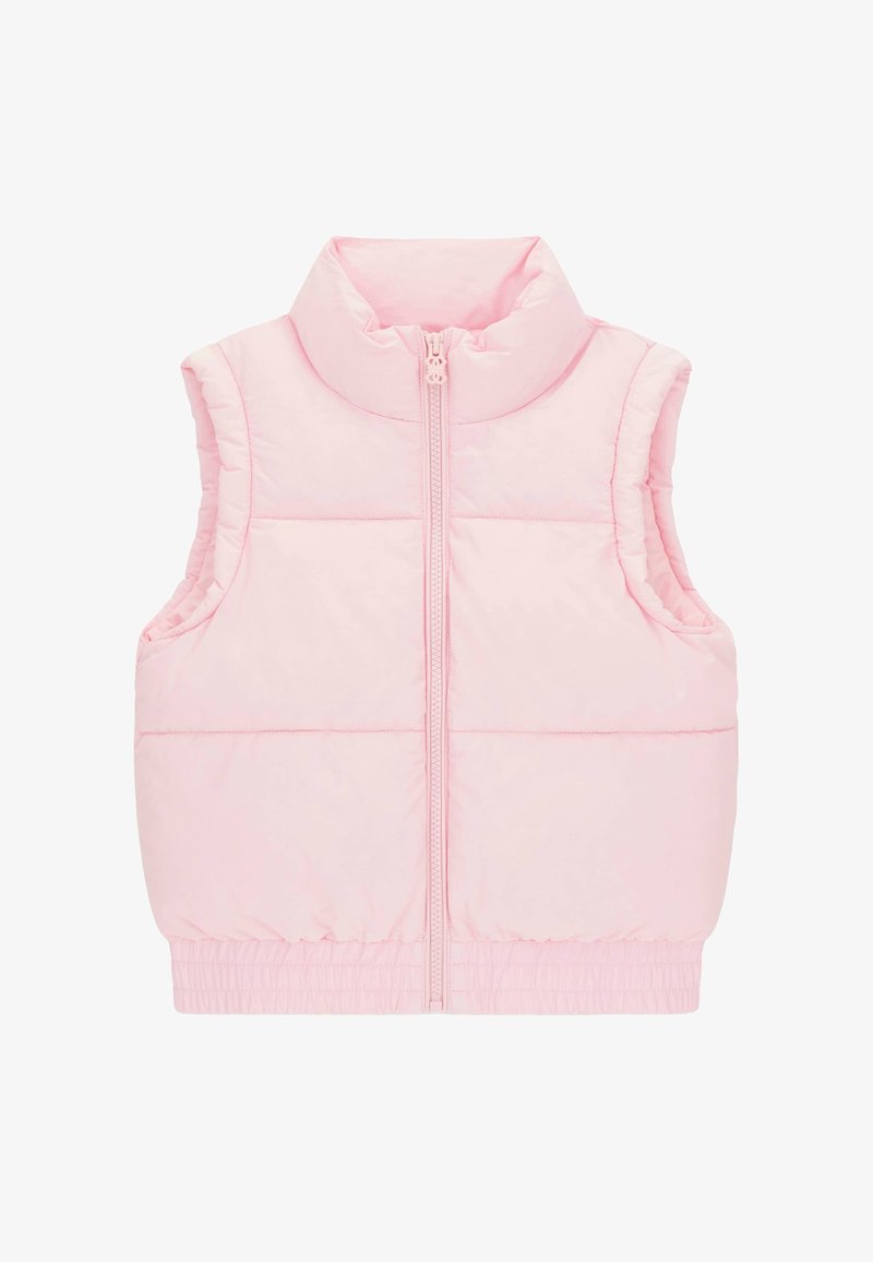 Rosa ärmellose Steppweste mit hohem Kragen, vorderen Reißverschluss und elastischem Saum, mit gestepptem Design.