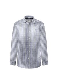 Camicia da uomo a maniche lunghe con motivo a scacchi blu e bianchi e colletto classico, esposta su uno sfondo bianco.