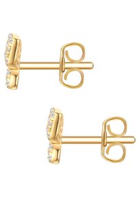 Pendientes de estudio en tono dorado con forma rectangular, adornados con pequeños cristales transparentes en la parte frontal y un cierre de mariposa en la parte trasera.