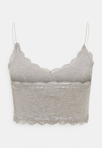 Top de soutien gris com renda, bordas em formato de ondas e alças finas. Feito de um tecido macio, apresentando uma textura suave e um design simples.