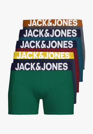 Five pairs of Jack & Jones boxer shorts in various colors: green, navy, burgundy, gray, and yellow, featuring elastic waistbands with text.