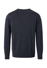 Dunkelgrauer Herrenpullover aus strukturiertem Strickmaterial, mit klassischem Rundhalsausschnitt sowie gerippten Bündchen und Saum. Schlichtes, unifarbenes Design.