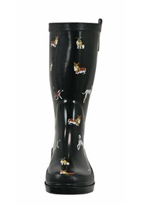Black rubber rain boots featuring colorful dog patterns. The design includes various dog breeds in multiple poses across the surface.