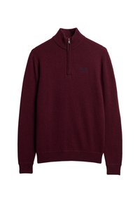 Burgunderfarbener, langärmliger Strickpullover mit geripptem hochgeschlossenem Kragen und Viertelreißverschluss, mit kleinem besticktem Logo auf der linken Brust.