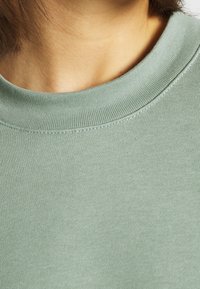 Felpa verde in cotone con scollatura a girocollo a costine. Il tessuto è liscio con una leggera lucentezza, presenta una vestibilità rilassata. Nessun logo visibile.