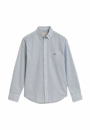 Hemd mit Knopfleiste in blauen und weißen vertikalen Streifen. Verfügt über eine Brusttasche, einen Kragen und lange Ärmel mit Knopfmanschetten.