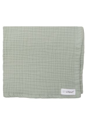 Hellgrünes Musselintuch mit einer strukturierten, gekräuselten Musterung. Verfügt über einen gesteppten Rand und ein kleines Etikett in einer Ecke.