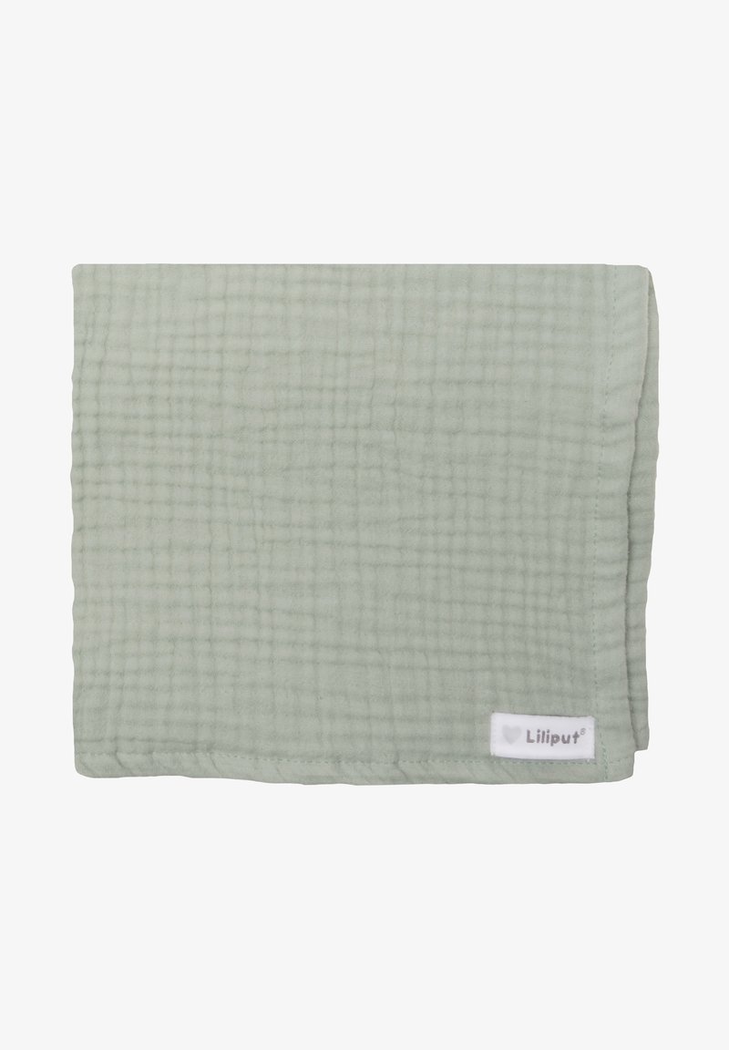 Light green muslin blanket, textured with a crinkled pattern. Features a stitched edge and a small label on one corner.