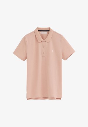 Jasnoróżowa koszulka polo z krótkim rękawem, trzema guzikami oraz małym białym haftowanym logo na lewej piersi.