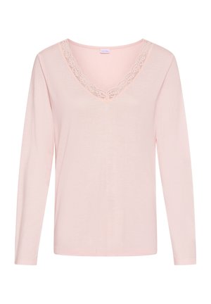 Light pink long-sleeve shirt with a V-neckline trimmed in delicate lace, plain design, and fitted silhouette.