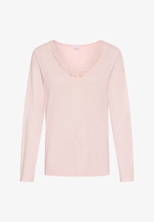 Hele roosa pikkade varrukatega särk V-kaelusega, mille äär on kaunistatud peene pitsiga, lihtsa disainiga ja istuva lõikega.