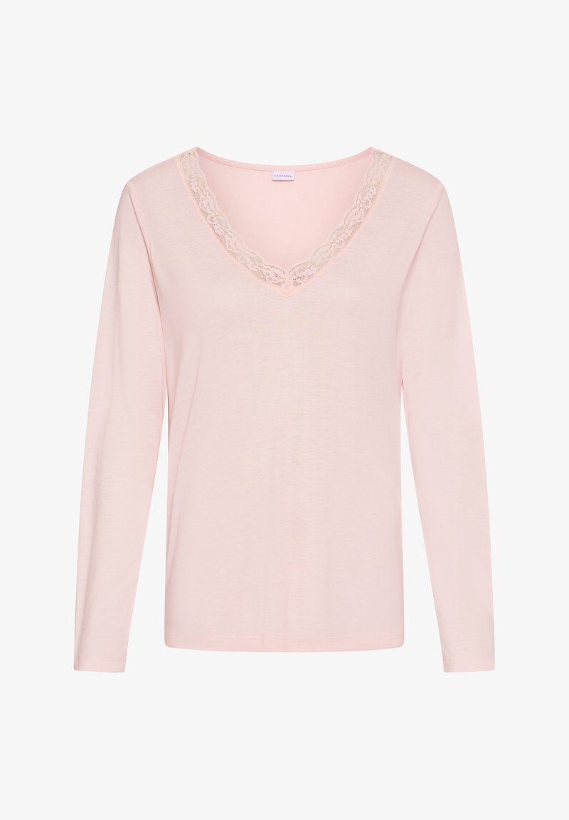Svetloružová dlhá blúzka s výstrihom do V lemovaným jemnou čipkou, jednoduchý dizajn a priliehavý strih.