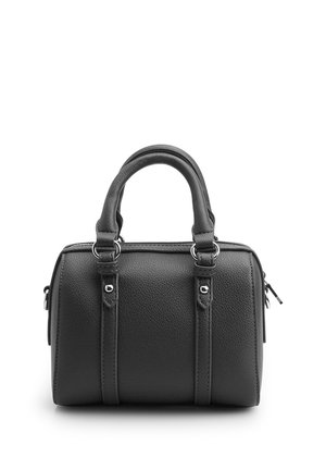Borsa nera in pelle testurizzata con due manici superiori e dettagli verticali delle cinghie, mostrata su sfondo bianco.