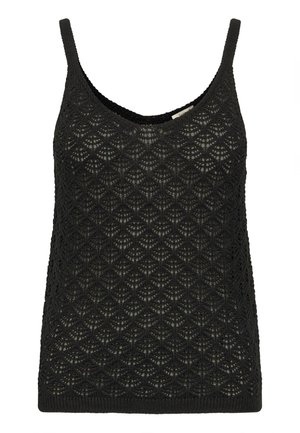 Fekete, kötött ujjatlan felső, gyémánt csipkemintával, vékony pántokkal és kerek nyakkivágással. Puha tapintású, laza szabású.