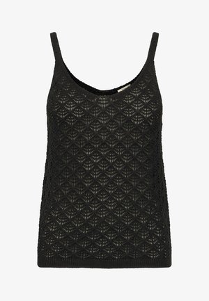 Fekete, kötött ujjatlan felső, gyémánt csipkemintával, vékony pántokkal és kerek nyakkivágással. Puha tapintású, laza szabású.