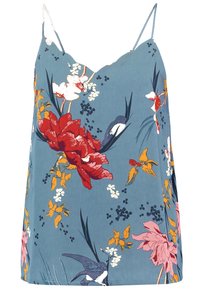 Haut caraco floral en tissu bleu avec des fleurs rouges, jaunes et blanches, doté de fines bretelles spaghetti et d'un décolleté en V.