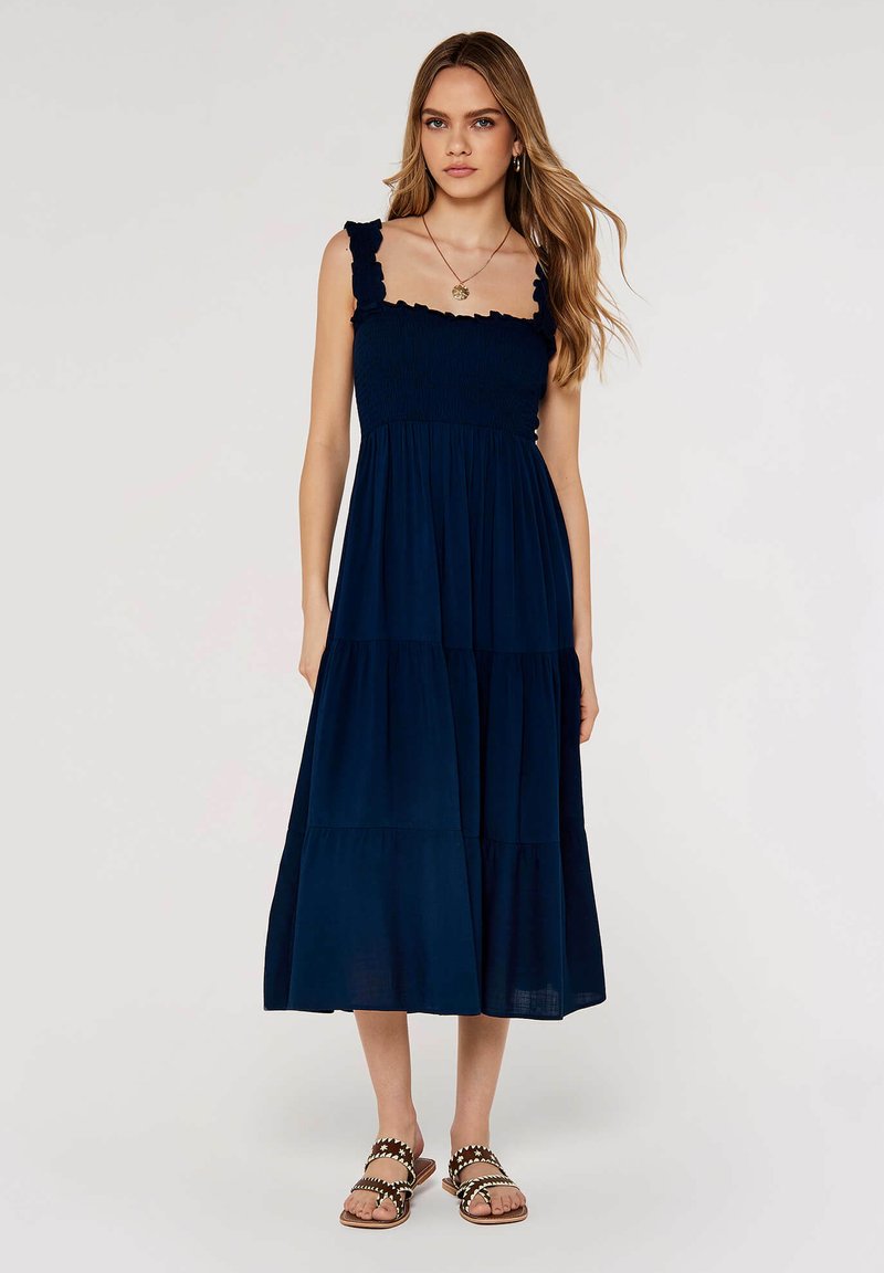 slub jersey smock bodice maxi dress Women's Blue Slub Jersey Smock Bodice Maxi Dress