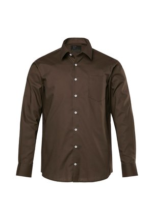 Bruine lange mouw button-up shirt gemaakt van gladde stof, met een puntige kraag, witte knopen, en een linkse borstzak.