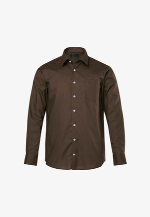 Bruine lange mouw button-up shirt gemaakt van gladde stof, met een puntige kraag, witte knopen, en een linkse borstzak.