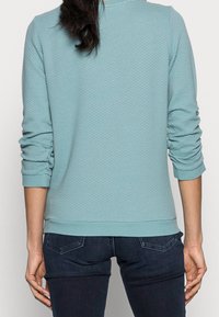 Sweat-shirt bleu clair texturé à manches longues avec poignets côtelés, doté d'un col rond et d'une taille ajustée, vu de dos.