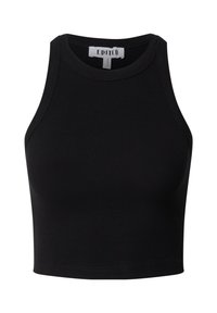 Black sleeveless crop top made of ribbed fabric. Features a round neckline and fitted design. Label visible at the neckline.
