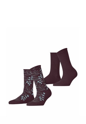 Zwei Paare dunkler Knöchelsocken, ein schlichtes und ein mit hellblauen Blattmustern auf weißem Hintergrund.