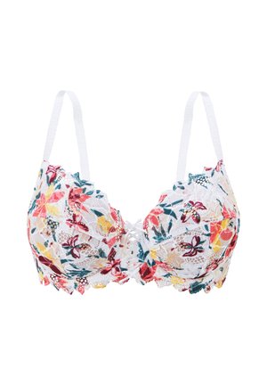 Soutien-gorge en dentelle florale avec des motifs multicolores sur une base blanche, bordé de bords festonnés et de bretelles douces. Le centre présente un détail décoratif en laçage.