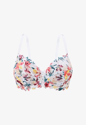 Reggiseno in pizzo floreale con motivi multicolori su una base bianca, bordi scallop e spalline morbide. Al centro presenta un dettaglio decorativo con lacci.