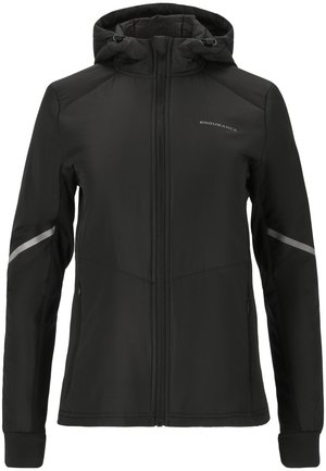 Schwarze Kapuzenjacke mit einem Reißverschluss, elastischen Bündchen und reflektierenden Akzenten an den Ärmeln. Hergestellt aus einem glatten, leichten Material.