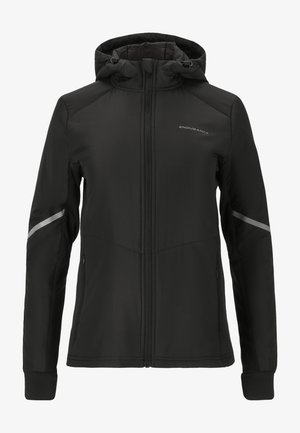 Schwarze Kapuzenjacke mit einem Reißverschluss, elastischen Bündchen und reflektierenden Akzenten an den Ärmeln. Hergestellt aus einem glatten, leichten Material.