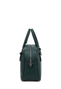 Borsa a mano in pelle textured verde scuro con doppi manici, chiusura con zip superiore e dettagli hardware discreti. Forma compatta e rettangolare.