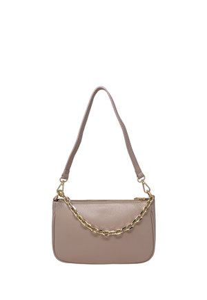 Borsa a tracolla in pelle beige con dettaglio a catena dorata e chiusura con cerniera, dotata di una tracolla regolabile singola.