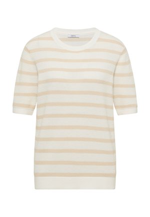 Kremowy i beżowy, paskowany sweter z krótkim rękawem, okrągłym dekoltem i teksturowanym, poziomym wzorem, metka marki "CECIL" wewnątrz kołnierza.