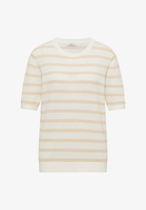 Kermanvalkoinen ja beigen värinen raidallinen lyhythihainen neulepusero, jossa on pyöreä pääntie ja teksturoitu vaakasuora kuvio. Kauluksen sisäpuolella on merkkilappu "CECIL".